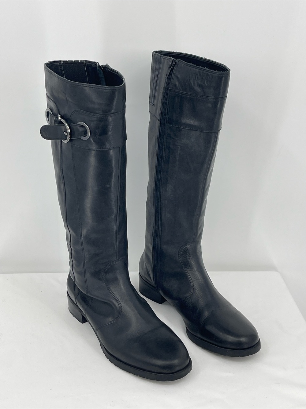 MICHELLE D Classic Black Leather Knee-High Boots with Buckle SIZE 8M